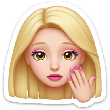 Shy emoji with long lashes, pouty lips, and pink nails on a black background, cute aesthetic sticker