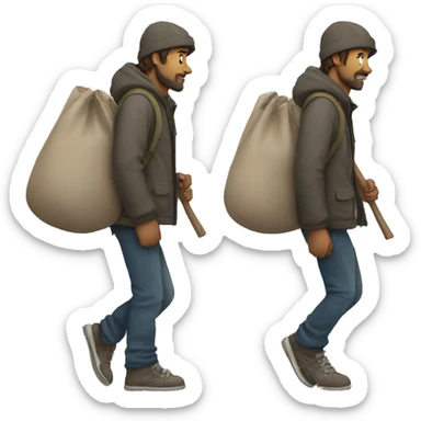 homeless man carrying a stick over his shoulder with a bag on the end sticker