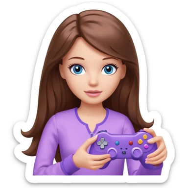 beautiful barbie girl with long brown hair, blue eyes and wearing light purple clothes playing console games with controller sticker