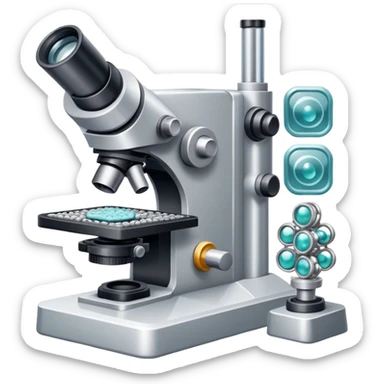 An icon featuring two-ocular electron microscope, a metal alloy, atomic structure symbols, a crystal structure. The design includes different materials like metals, ceramics and polymers, alongside a stamp representing testing and quality control. Transparent background sticker