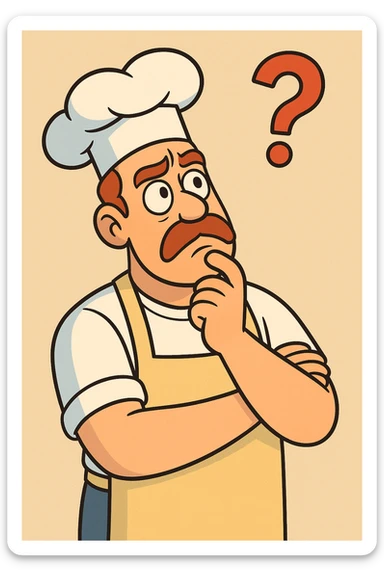 simple illustration of a chef thinking with a question mark above head, wearing apron and chef hat, bright colors sticker