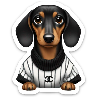 Dachshund wearing black and white Sweater with chanel logo  sticker