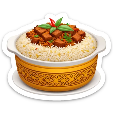 Cinematic Realistic Biryani Dish Emoji, depicted as aromatic basmati rice layered with spiced meat and herbs rendered with vibrant textures and warm, inviting lighting. sticker