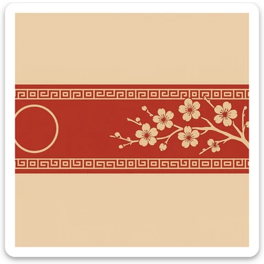eastern style plaque for post signature, ultra long horizontal rectangle 1200x100px, only red and sand colors, with round gold ornament, sakura branch, no text sticker