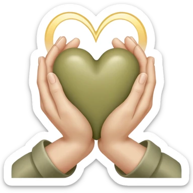 Hands joined in prayer with a pale olive heart sticker