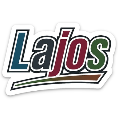 Text image of the name 'Lajos' in a masculine, modern font with gradient colors (blue, gray, burgundy, green, brown), precise Hungarian characters, dark contour, extra thick, prominent white letter border, dynamic slanted underline, 1000x1000 px, PNG, transparent background. sticker