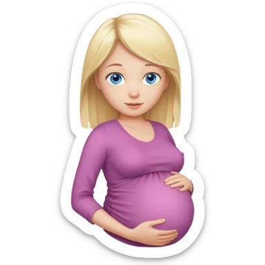 Blonde girl, blue eyes, is showing pregnant belly sticker