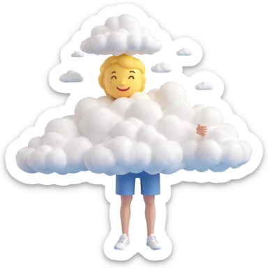 person composed entirely of clouds up to the shoulders, clouds form the body, 3D emoji style sticker