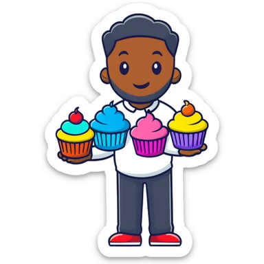 Cheerful large African American man holding colorful cupcakes sticker
