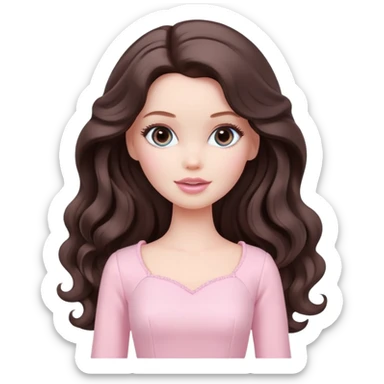 A white Barbie girl with long dark brown wavy hair in pale pink clothes has loving look sticker