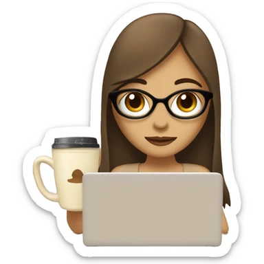 Half face of a girl behind the laptop. A a cup of coffee on the left side of the table. Books on the right side. in beige tones sticker