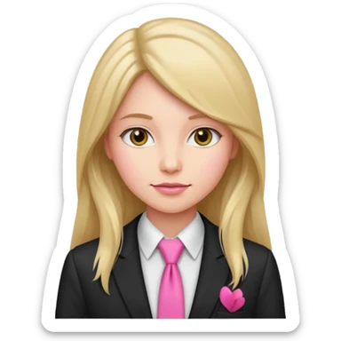 long haired woman with pink tie and blazer sticker