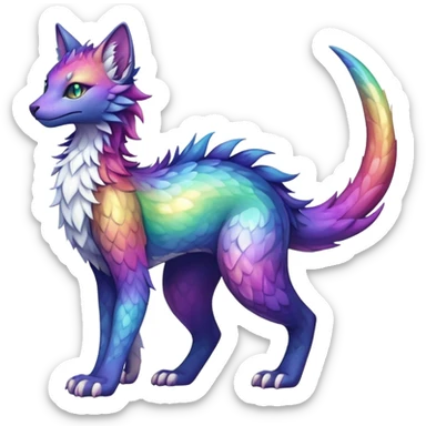 Kawaii dark rainbow iridescent fantasy ethereal feline-vernid-sergal-fursona animal creature with a tufted tail full body with intricate markings sticker
