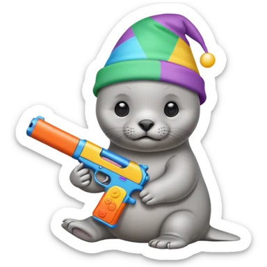 Baby seal wearing birthday hat holding a gun sticker