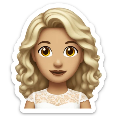 Adult woman with brown eyes, light tanned skin, long wavy dark brown hair, wearing a white lace dress sticker