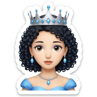 Por favor hazme el emoji de la princesa pero con el pelo negro y rizado, los ojos marrones y la corona plateada con jollas azules sticker