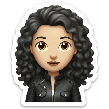 White girl, with long curly black hair, wearing leather jacket sticker