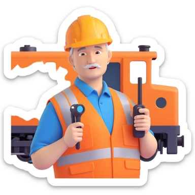 friendly middle-aged man in Network Rail uniform: orange vest, hard hat, holding a walkie-talkie, standing by a train sticker