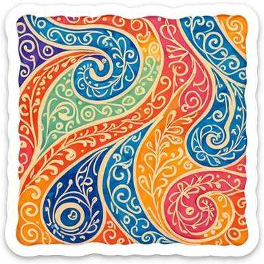 Batik art icon, colorful fabric with wax patterns, flowing fabric with intricate curves, vibrant colors, minimalistic design, clean lines, transparent background. sticker