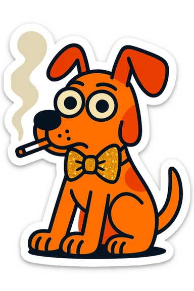 Add a glittery bow tie to the dog while keeping the cigarette. Style is vibrant cartoon with transparent background. Keep the background transparent. sticker