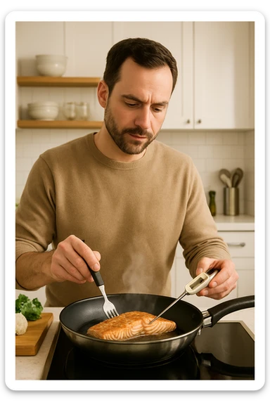 Uomo tra i 30 e i 45 anni in cucina moderna, concentrato mentre cucina un filetto di salmone fresco in padella. Si vede il vapore che sale, la superficie del salmone dorata e ben cotta. L’uomo usa utensili puliti, termometro da cucina nella mano sinistra per controllare la temperatura interna. Sullo sfondo, atmosfera luminosa e pulita, messaggio visivo implicito di sicurezza alimentare e buona pratica. Stile realistico e rassicurante, colori caldi e tono domestico. sticker