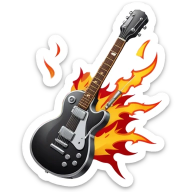 Create a bold and dynamic emoji representing rock vocal performance in a humanless collage. The design should feature a vintage microphone at the center, surrounded by key rock elements like an electric guitar, drumsticks, and a guitar pick. Include symbols of energy, such as lightning bolts or flames, and subtle musical notes or sound waves to evoke the raw power of rock vocals. Use dark, bold colors like black, silver, and red, with hints of chrome or metallic accents to convey the edgy, rebellious spirit of rock music. The background should be transparent. sticker