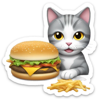 grey and white cat eating a cheeseburger sticker