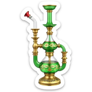 Brass hookah with green design on a glass water base on the top; with two pipes from the side all pouting on top sticker