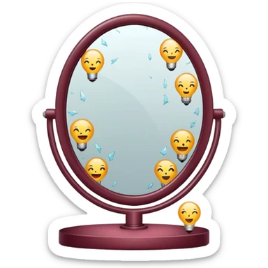 Minimalist emoji-style sticker of a vanity mirror with dim bulbs and cracked glass, words “Am I real yet?” smeared in dusty lipstick tone


 sticker