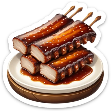 cinematic-realistic-barbeque-ribs-dish-emoji,-depicted-as-succulent,-slow-cooked-ribs-with-a-sticky-smoky-glaze-rendered-with-rich-textures-and-dynamic,-appetizing-lighting. baby back spare ribs sticker