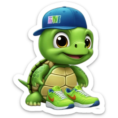 turtle with nike shoes on and a nyc cap sticker
