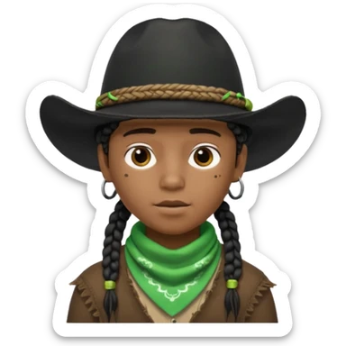 Black boy with short box beaids wearing a black cowboy hat with green bandana around his neck sticker