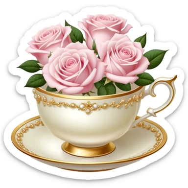Elegant arrangement of pale pink roses in a pearl teacup with gold trim, vintage-style. sticker