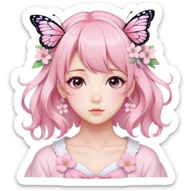 A Gorgeous Beautiful Anime Lady Sakura Cherry Blossom and Pretty Hair, pastelcore aesthetic, pastel pink and white, butterfly, Fairycore sticker