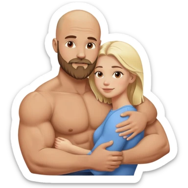 Muscular Bald man with a beard hugging his young blondeish wife sticker