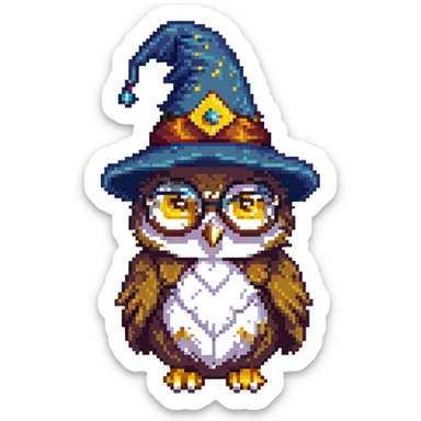owl with a purple wizard hat and glasses pixel art sticker