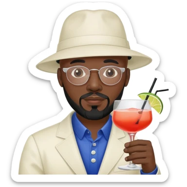 Bald dark skin man, goatee and beard, wearing balenciaga hat, drinking a cocktail sticker