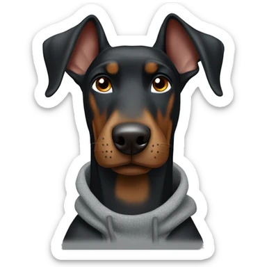 a black Doberman with brown spots smiles widely, it should be clear that he is wearing a gray sweatshirt and glasses with black frames sticker