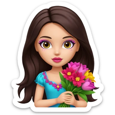  pretty bratz doll with makeup , long dark brown hair holding big bouquet of flowers  sticker