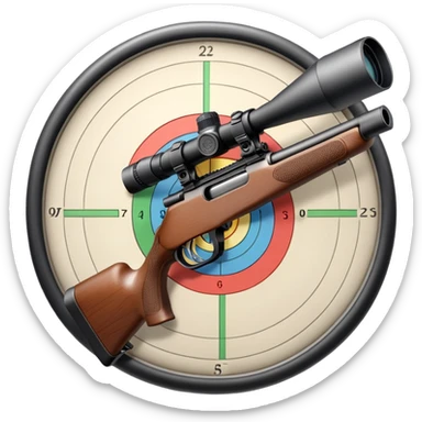 A detailed rifle with a scope, pointing towards a perfectly centered target with concentric rings. The scene highlights the precision and focus required in sports shooting, with no shooter in sight, just the rifle and target in a calm, focused setting. sticker