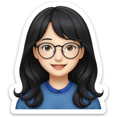 Please generate a portrait of a pretty girl with long, wavy, black hair. She's smiling. She also wears a middle parting and bangs. with glasses pink wonyoungsim from ive fom kpop group sticker