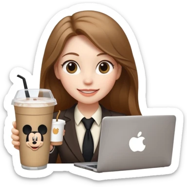 Women in front of laptop has a Mickey sticker, with a happy face, face a little fuller, long light brown hair, light brown big eyes, light pale skin with a iced coffee on the side, business attire sticker