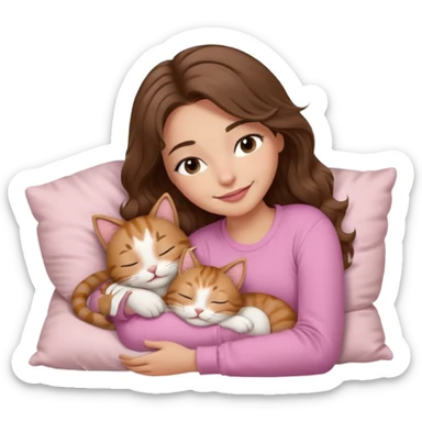 girl with wavy long brown hair, brown eyes, light to medium complexion, long lashes, light pink lipstick, smiling, wearing light pink shirt, sleeping on a cozy pillow, cuddling a tabby cat  sticker