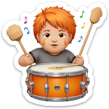 A chubby orange hair fan pounding a bass drum, cheeks puffing with energy with paints on his cheeks sticker