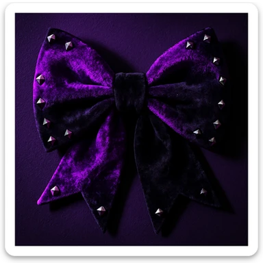 goth bow with velvet texture, neon purple and black, silver studs, dramatic shadows, neon goth palette sticker