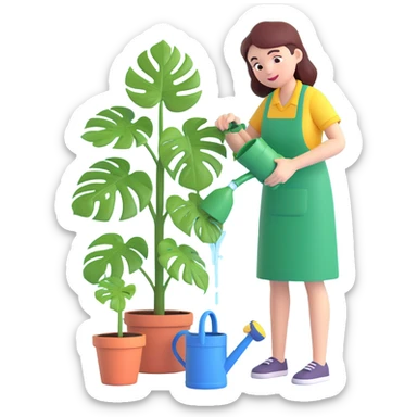 woman watering her monstera plant sticker
