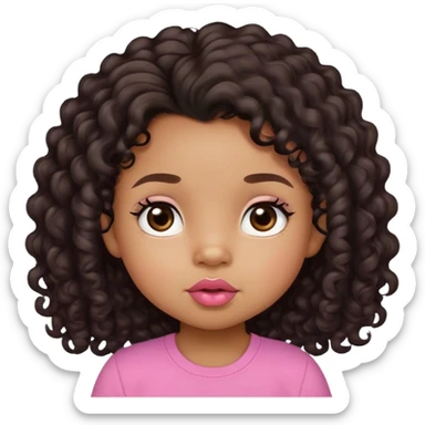 light brown skin tone, very adorable toddler, with big plump lips, long long lashes, black curly long hair, brown eyes, pink shirt sticker
