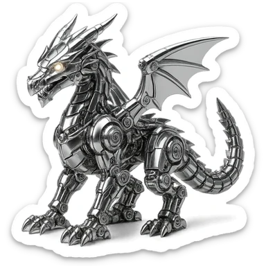 mechanical robotic dragon with chrome plating, glowing eyes, intricate gears and joints, 1:1 aspect ratio sticker