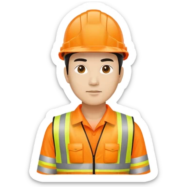 Chinese man wearing orange safety helmet and high visibility vest sticker