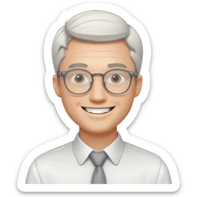30 yr old pale white man, white/grey side swept stylish hair, round glasses, big smile, white teeth, handsome, longer hair, thin glasses, white dress shirt sticker